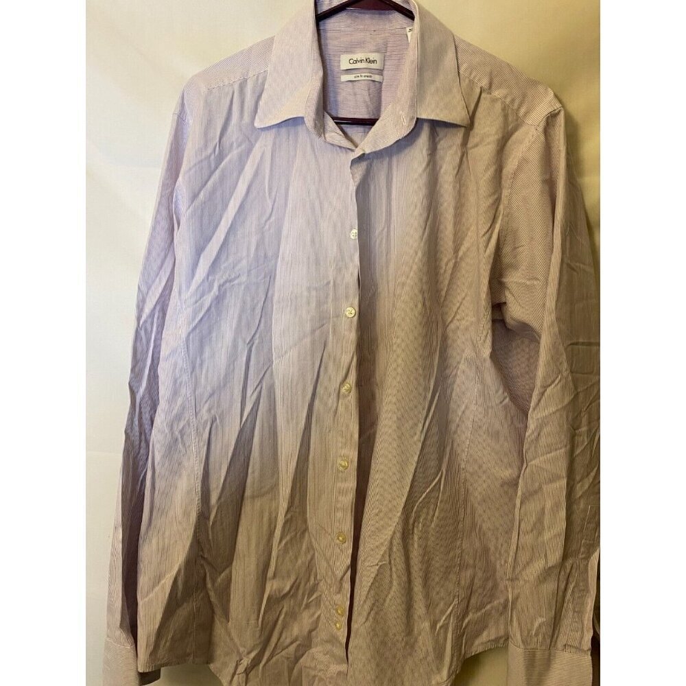 Preppy Calvin Klein Mens Dress Shirt Size 17 Purple White Small Plaid Pattern